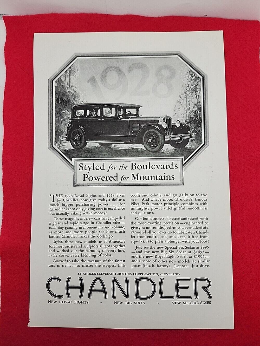 Vtg 1927 Chandler Motors: Styled Boulevards Powered Mountains Print Ad Ephemera